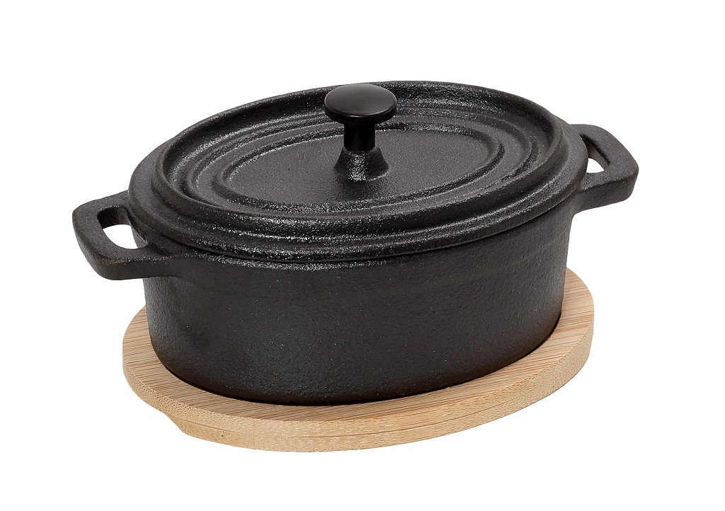 ΚΑΤΣΑΡΟΛΑ CAST-IRON ΜΑΥΡΗ D: 9 H: 8CM  410ML ΜΕ ΒΑΣΗ BAMBOO