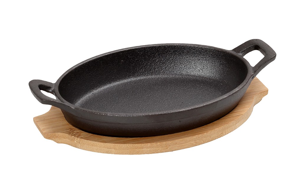 ΣΑΓΑΝΑΚΙ ΟΒΑΛ CAST-IRON ΜΑΥΡΟ 18(22 INCL. HANDLES)X13X5CM  330ML ΜΕ ΒΑΣΗ BAMBOO